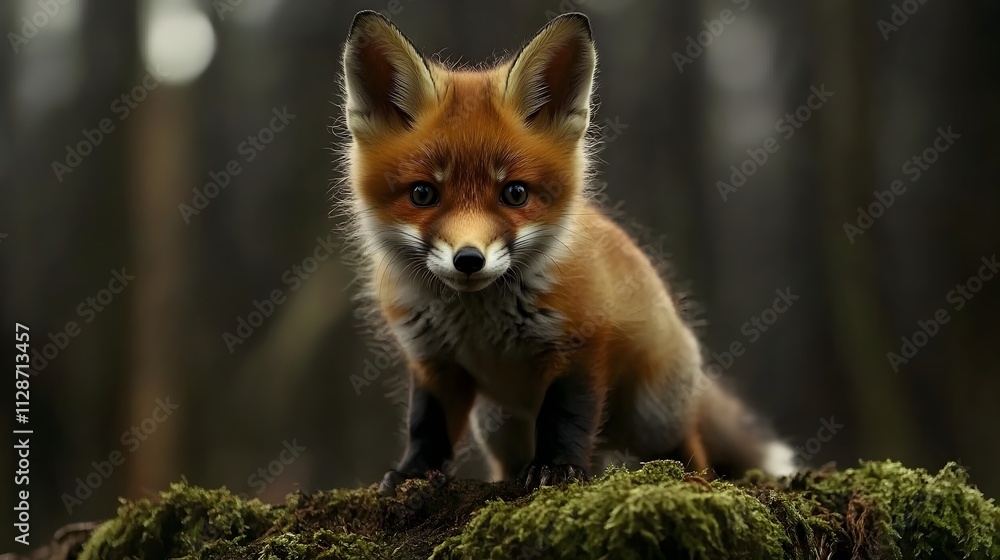 Fototapeta premium A curious red fox pup staring into the camera with big innocent eyes standing on a mossy log.