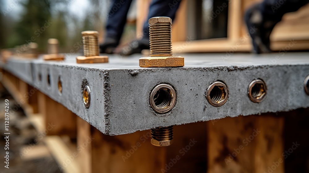 Workers focus on securing concrete slabs with metal bolts in a wooded construction site Workers focus on securing concrete slabs with metal bolts in a wooded construction site