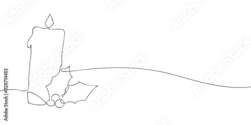 A single line drawing of a candle with holly. Continuous line Christmas candle icon. One line icon. Vector illustration.