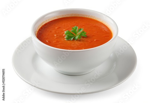 Tomato Soup in White Bowl with Parsley Garnish 