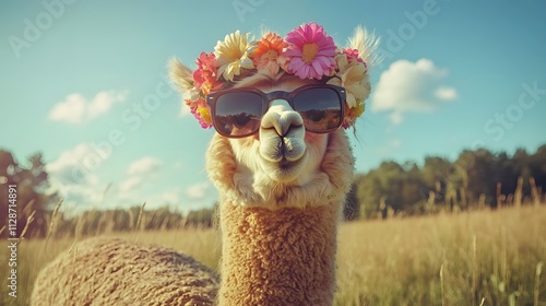 Fototapeta Naklejka Na Ścianę i Meble -  A fluffy alpaca wearing a flower crown and sunglasses standing in a sunny meadow.