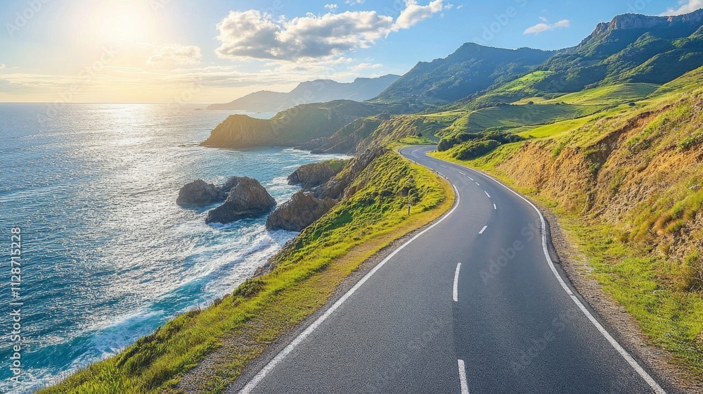 Coastal Road Winding Through Green Hills and Cliffs Coastal Road Winding Through Green Hills and Cliffs