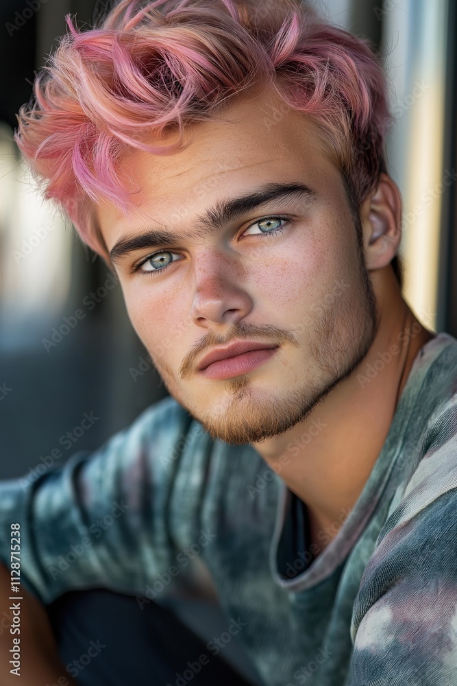 A man with pink hair and a beard is sitting in a green shirt. He has a blue eye and a pinkish face A man with pink hair and a beard is sitting in a green shirt. He has a blue eye and a pinkish face