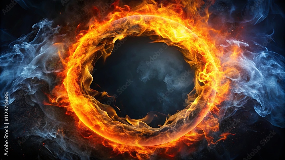 A blazing ring of fire, engulfed in a swirling vortex of smoke, forms a fiery portal on a dark background. A blazing ring of fire, engulfed in a swirling vortex of smoke, forms a fiery portal on a dark background.