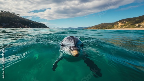 A friendly dolphin swimming toward the camera its face breaking the surface of crystal-clear water.