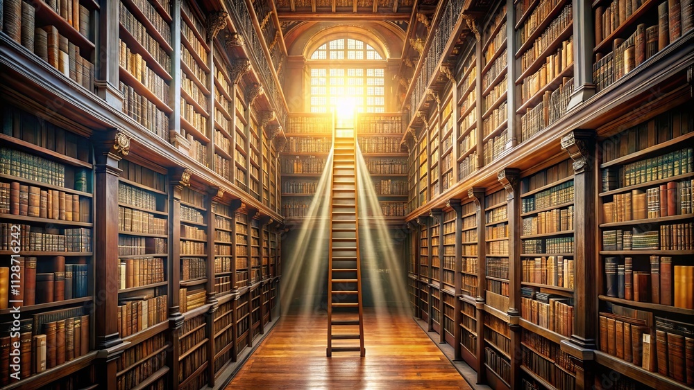 A wooden ladder stands tall in a grand library bathed in sunlight streaming through a high window, illuminating the rows of bookshelves filled with leather-bound volumes. A wooden ladder stands tall in a grand library bathed in sunlight streaming through a high window, illuminating the rows of bookshelves filled with leather-bound volumes.