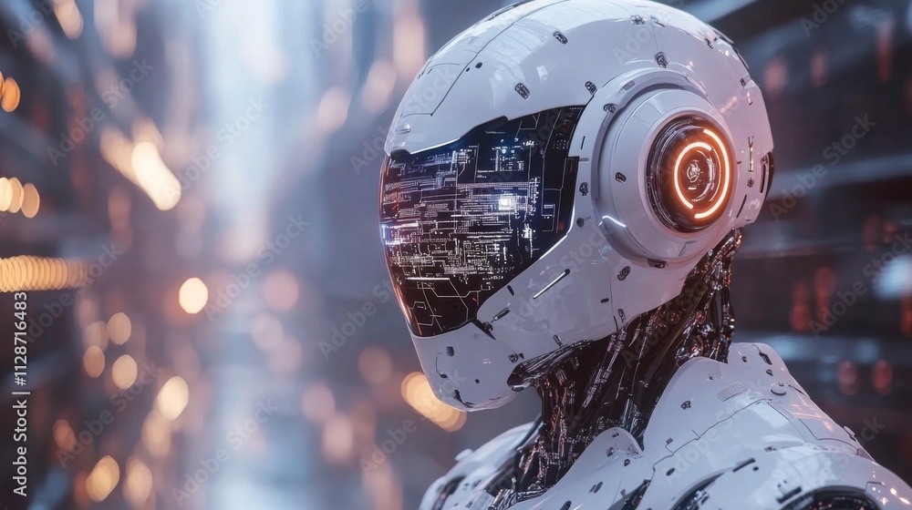 Close-up Portrait of a White Robotic Head with Digital Display