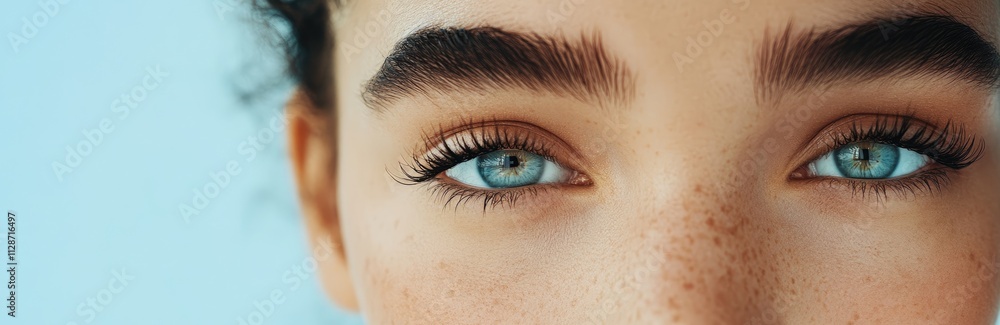 Obraz premium A close-up of a beautiful woman's face with plump and healthy eyebrows, against a blue background