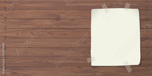 Blank old paper poster stuck with adhesive tape on Cut timber panels background graphic illustration have blank space.