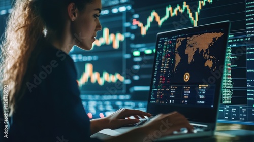 Success-driven businesswoman using laptop for cryptocurrency trading