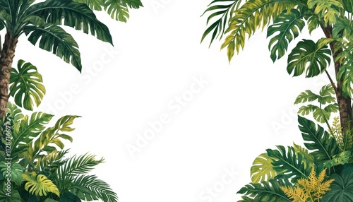 Tropical Leaves Frame, White Background 