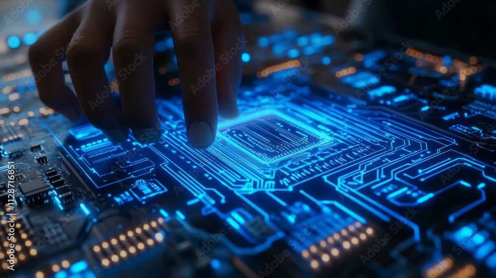 A Fingertip Interacting with a Glowing Circuit Board A Fingertip Interacting with a Glowing Circuit Board