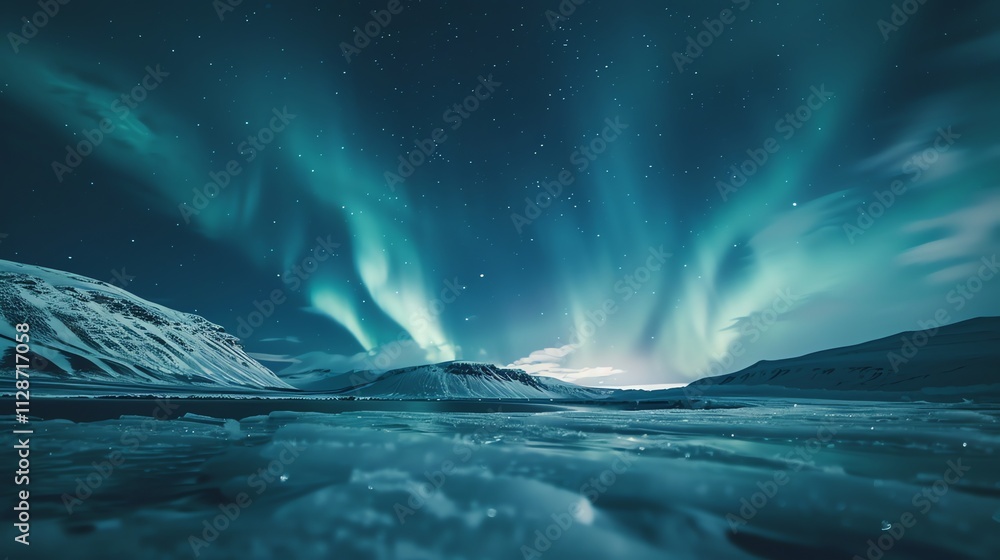 Fototapeta premium A vibrant display of the Northern Lights over a snowy landscape.