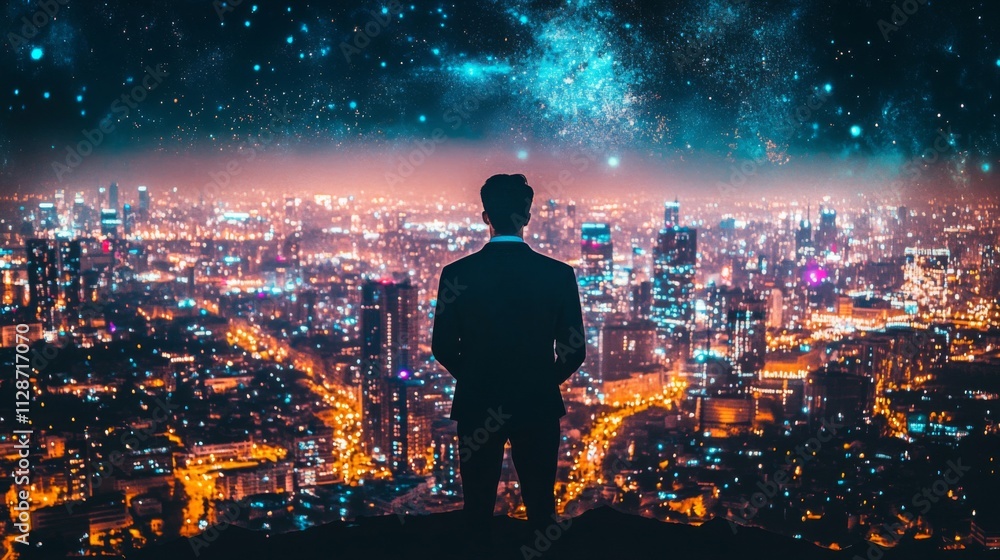 Fototapeta premium Silhouette of a man against a cityscape and starry night sky