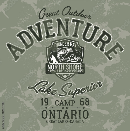 Great Lakes Ontario catch and release fishing camp vintage vector print for outdoor wear shirt sweatshirt grunge effect in separate layer