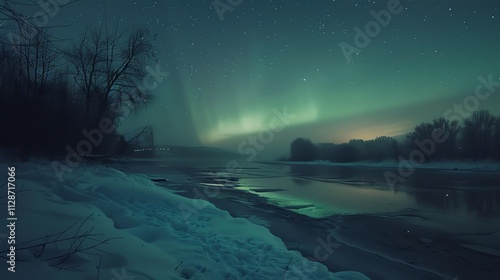 Wallpaper Mural A stunning view of the Northern Lights dancing over a frozen river with trees silhouetted in the distance. Torontodigital.ca