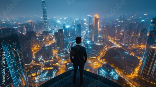 Man in Suit Standing on Rooftop Overlooking Illuminated Cityscape at Night