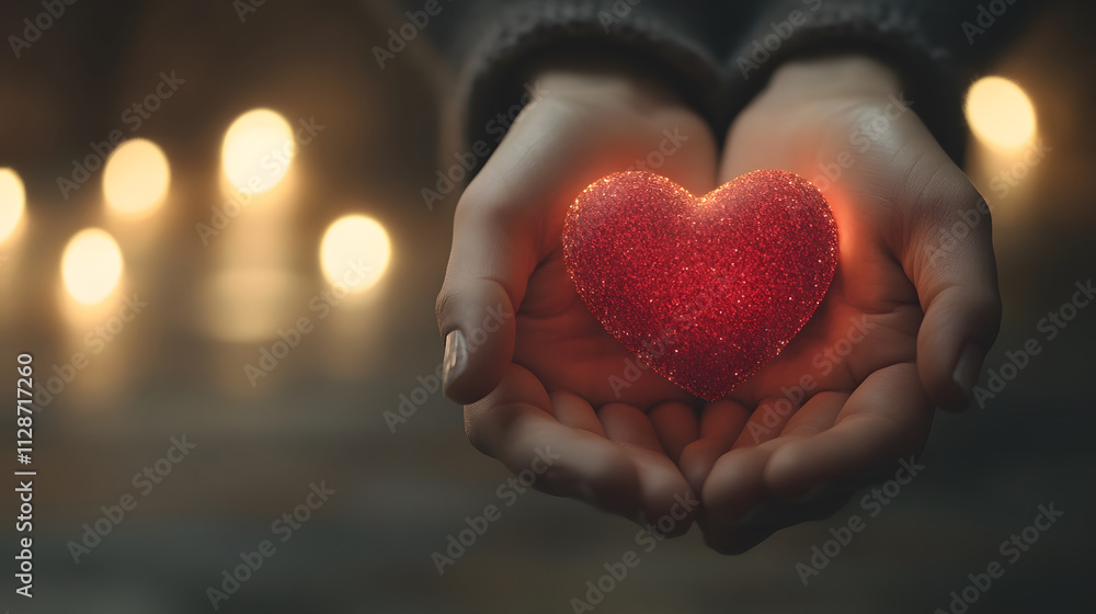 glowing red heart cradled gently in warm hands, symbolizing love and care glowing red heart cradled gently in warm hands, symbolizing love and care