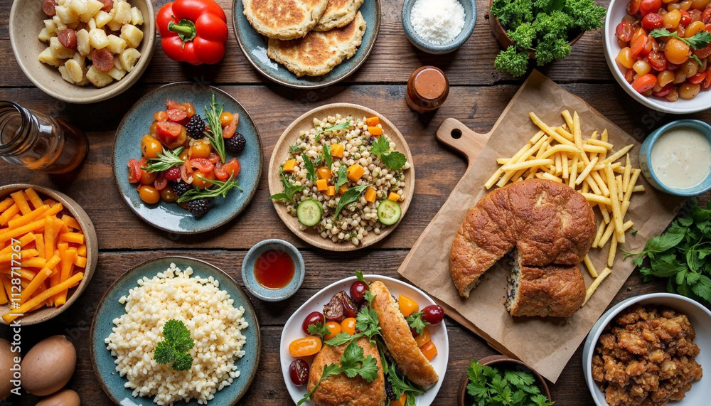 Flat lay local food meal assortment Flat lay local food meal assortment