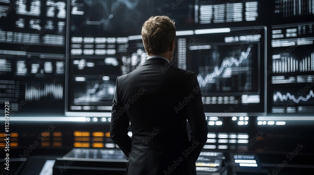 A Man in a Suit Standing Before a Wall of Monitors Displaying Data and Graphs A Man in a Suit Standing Before a Wall of Monitors Displaying Data and Graphs