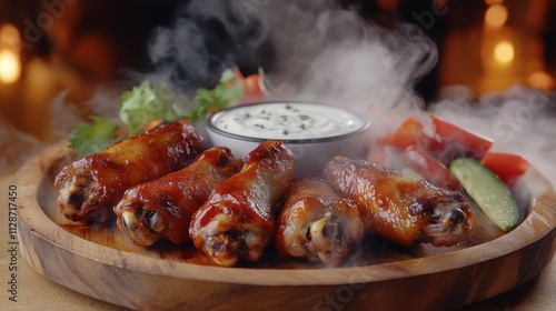 Hot and spicy bbq chicken wings with dip and hot sauce on wooden plate with steam smoke and vegetables photo