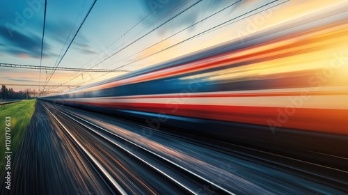 A High-Speed Train Racing Towards the Sunset: A Dynamic Image of Modern Transportation and Rapid Travel Across Scenic Landscapes