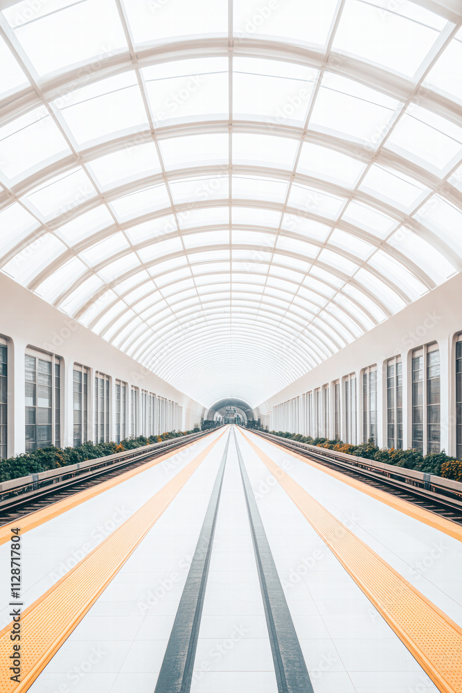 Obraz premium A long, empty train station with a white ceiling and orange stripes on the floor