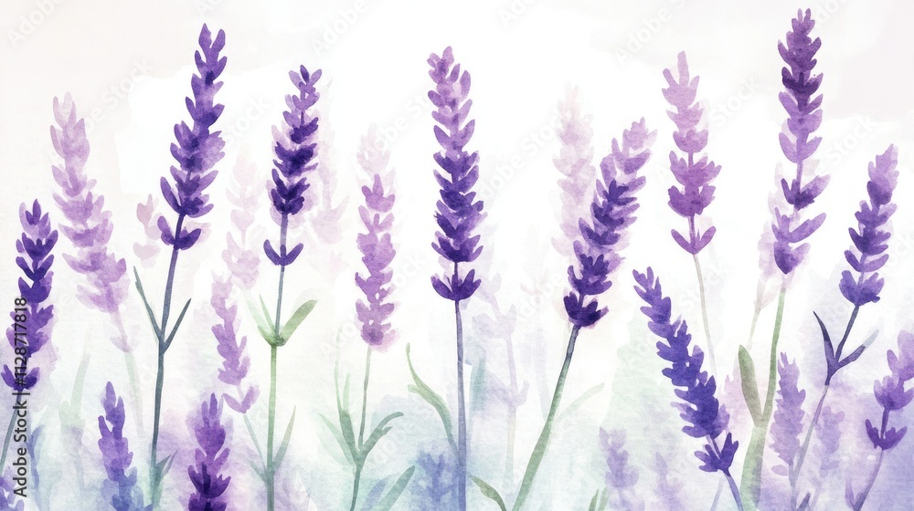 An elegant watercolor canvas of purple lavender stems in full bloom. The artwork highlights gentle gradients of violet and green, creating a serene and minimalist aesthetic.