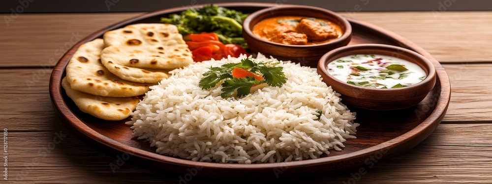 Indian thali with chicken tandoori, biryani rice, naan bread, and raita, highlighting traditional Indian cuisine, culinary culture, and food presentation. Indian thali with chicken tandoori, biryani rice, naan bread, and raita, highlighting traditional Indian cuisine, culinary culture, and food presentation.