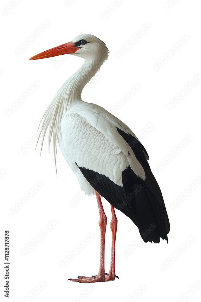 Side view of a standing white and black stork isolated on a cutout PNG transparent background Side view of a standing white and black stork isolated on a cutout PNG transparent background