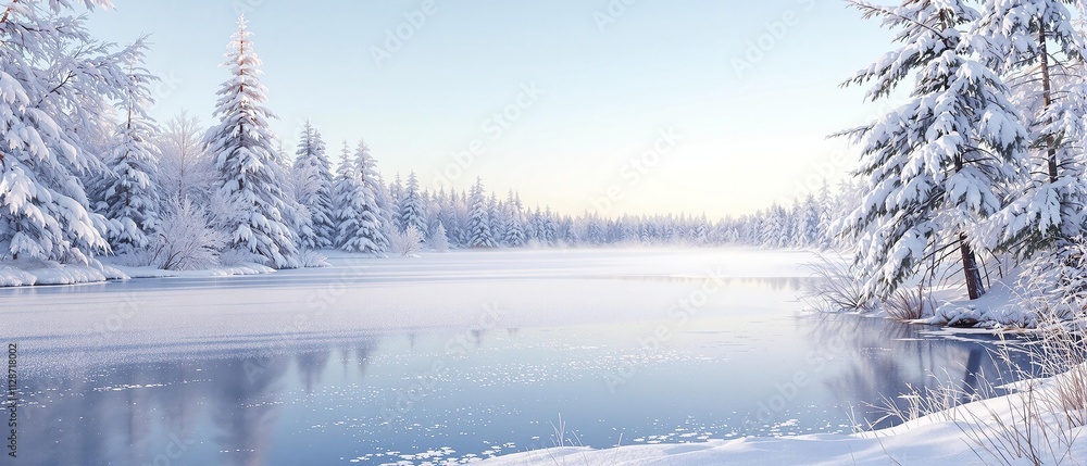 Fototapeta premium Clear winter day on a frozen lake with a backdrop of snowy trees, frost on the water, fresh snowfall, serene landscape