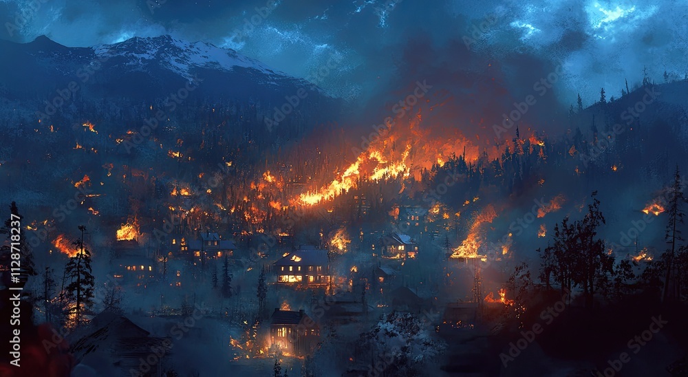 Fototapeta premium a town near mountains, with a forest fire on the mountain in the background and houses burning at night