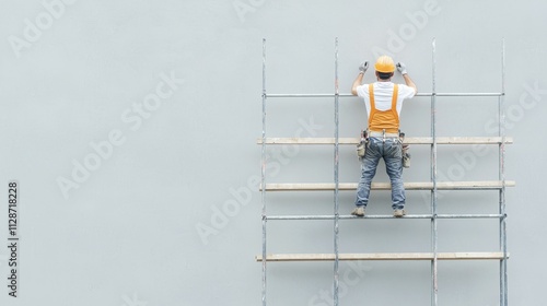 A worker on scaffolding painting a wall in a construction setting. photo