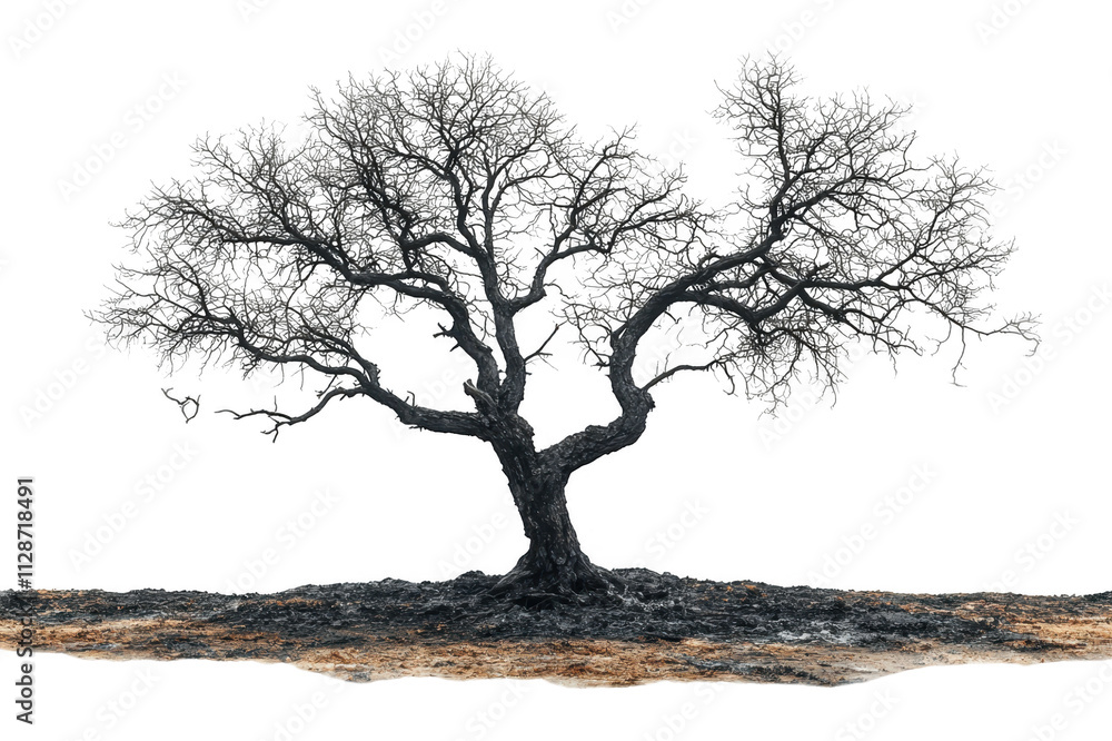 Full view of burned tree with thick branches isolated on a cut out PNG transparent background Full view of burned tree with thick branches isolated on a cut out PNG transparent background