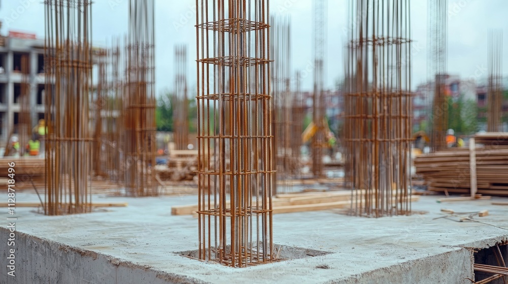 Construction site with rebar structures and wooden materials for building foundations. Construction site with rebar structures and wooden materials for building foundations.