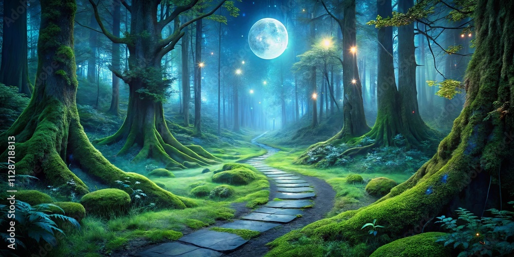 Enchanted Forest Path Under a Glowing Moon with Moss Covered Trees and a Winding Stone Walkway Enchanted Forest Path Under a Glowing Moon with Moss Covered Trees and a Winding Stone Walkway