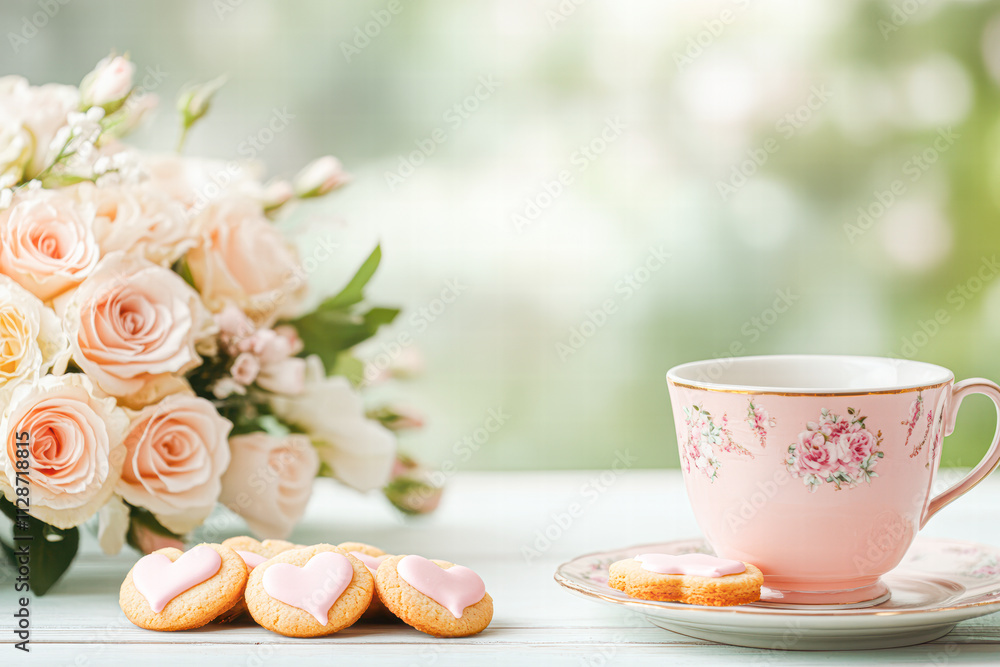 A pink tea cup with a floral design sits on a table with a plate of cookies A pink tea cup with a floral design sits on a table with a plate of cookies