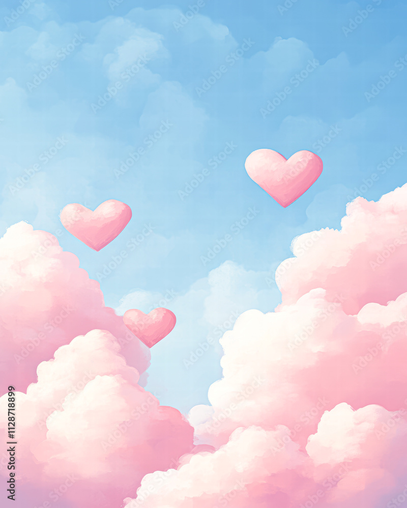 A blue sky with three pink hearts flying in the air A blue sky with three pink hearts flying in the air