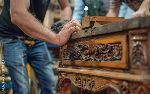 Two men repairing vintage fixable chest of drawers together. Repairability, sustainability, maintenance, longevity, user serviceable, refurbish, recondition, lifetime repair culture concept photo