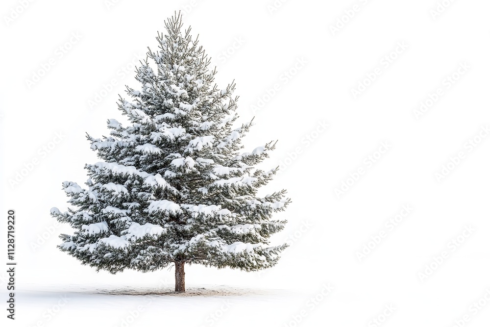 An single snow-covered evergreen tree standing by itself in the winter on a white background. Generative Ai An single snow-covered evergreen tree standing by itself in the winter on a white background. Generative Ai