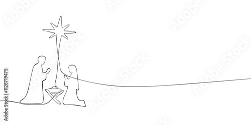 A single line drawing of a christmas night. Continuous line christmas nativity scene icon. One line icon. Vector illustration.