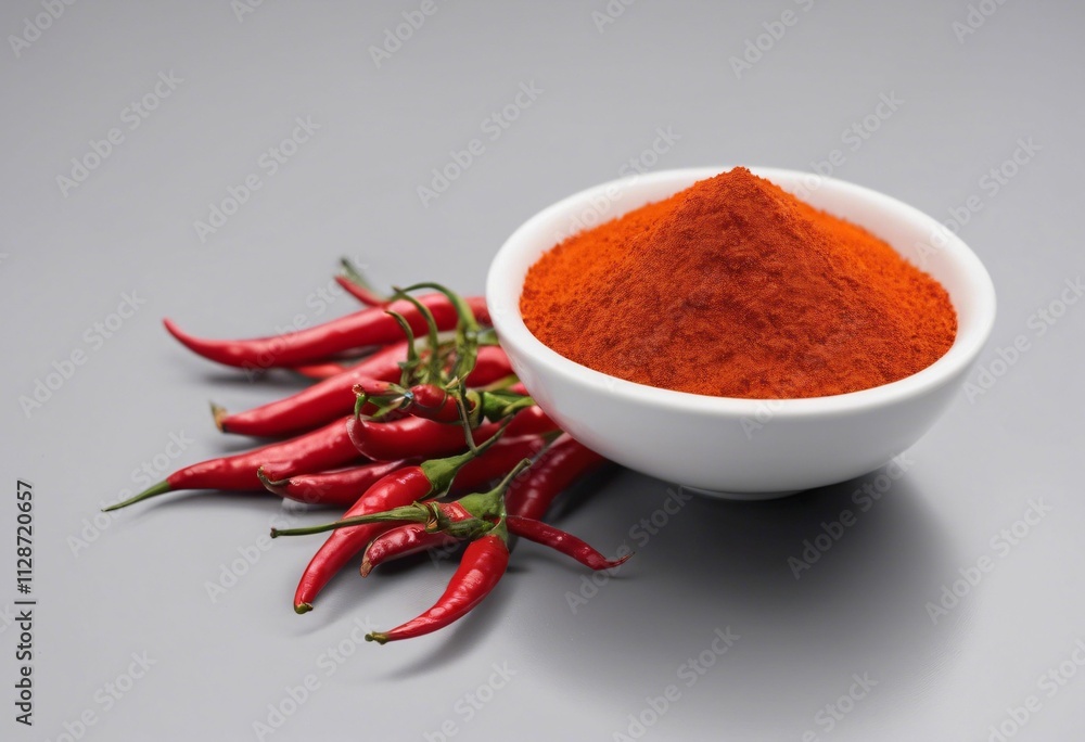 Red chili powder and fresh chilies on gray. Red chili powder and fresh chilies on gray.