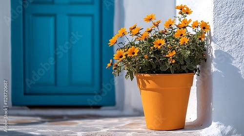 Yellow flowers in an orange pot beside a blue door and white wall.