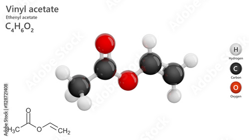 Molecule: Vinyl Acetate. Molecular structure. Formula: C4H6O2. Chemical model: Ball and stick. White background. 3D illustration photo