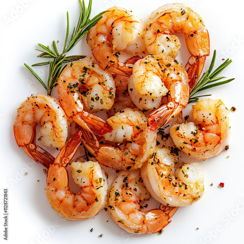  Grilled shrimp with herbs and rosemary on a white background, top view