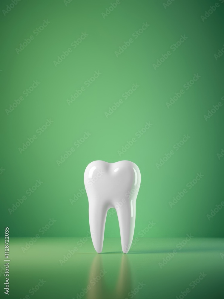 White tooth standing on green background representing dental health White tooth standing on green background representing dental health