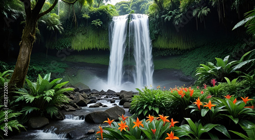 Beautiful natural waterfall , nature, trees, flowers in the foreground in tropical forest . High quality photo