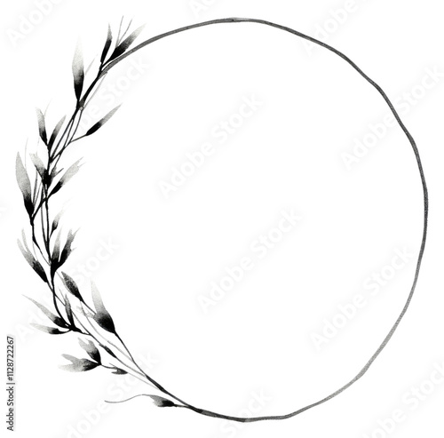 PNG Stroke outline plant frame circle white background monochrome.