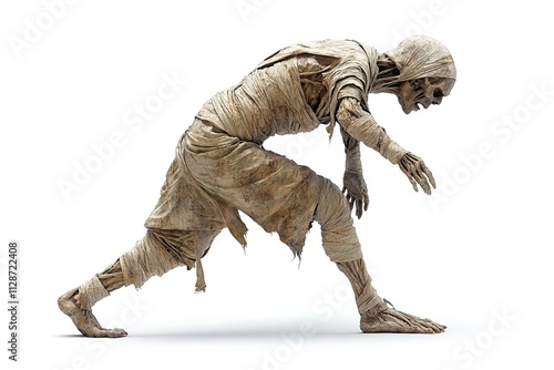 Isolated on a white backdrop is a realistic ancient undead walking mummy in a dynamic pose. Generative Ai