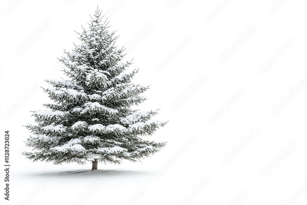 An single snow-covered evergreen tree standing by itself in the winter on a white background. Generative Ai An single snow-covered evergreen tree standing by itself in the winter on a white background. Generative Ai